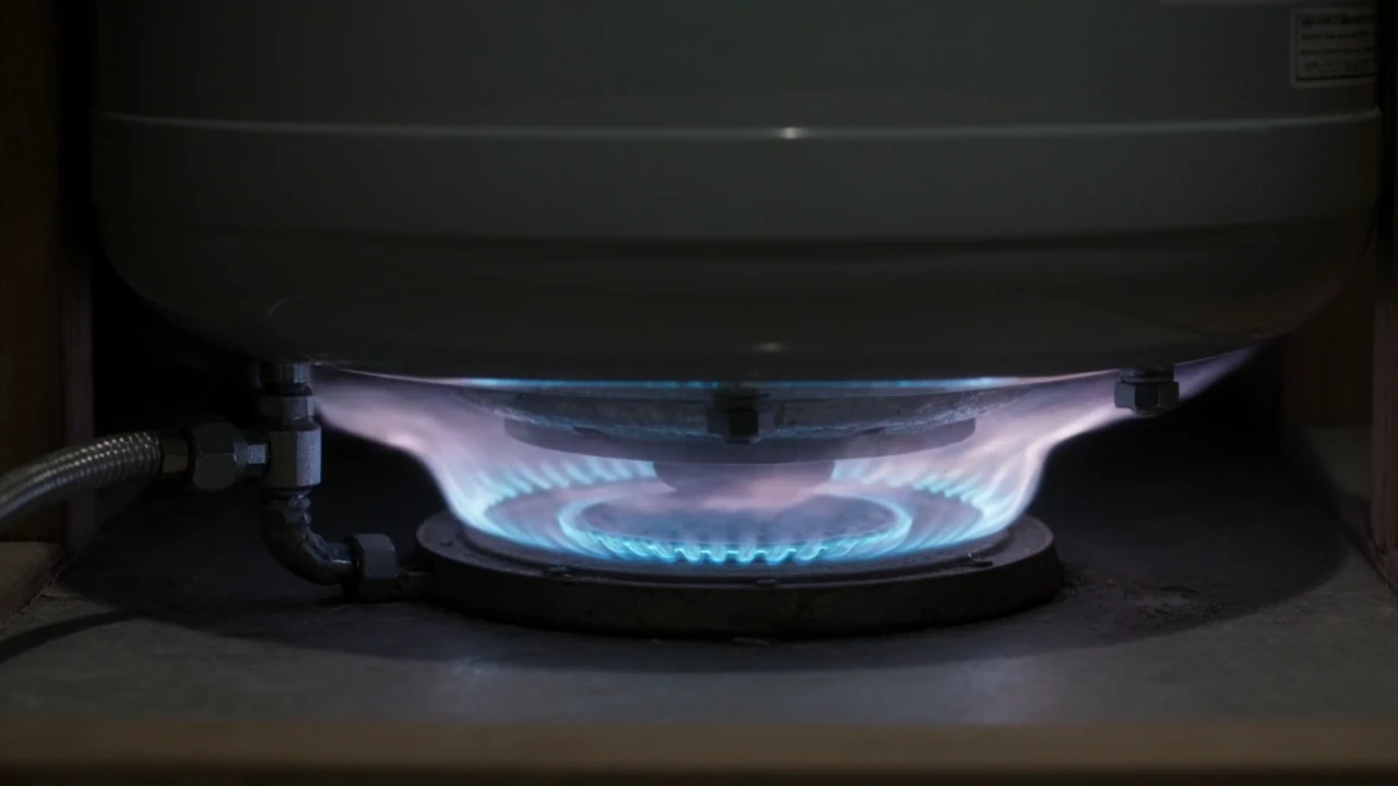 Illustrative image: the gas burner under a storage water tank, lit.